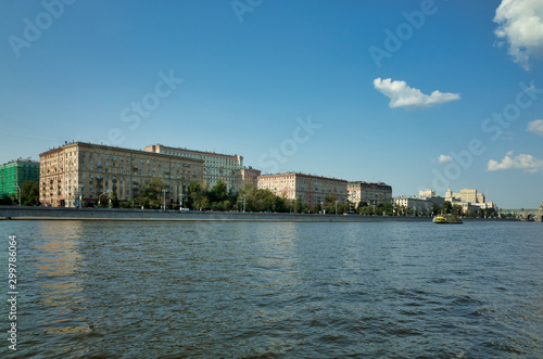 Moscow, Russia - August 20, 2017: Moscow river, view of the Frunze embankment. Pleasure tourist boats on the river