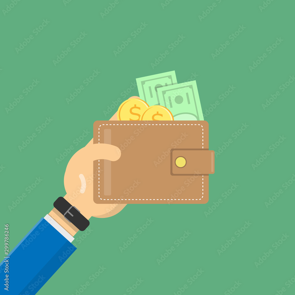 Online payment concept. Hand holding wallet with banknotes and coins isolated. Cartoon vector illustration design for business. Purchasing with money. Online payment concept. Hand holding wallet with banknotes and coins isolated. Cartoon vector illustration design for business. Purchasing with money.
