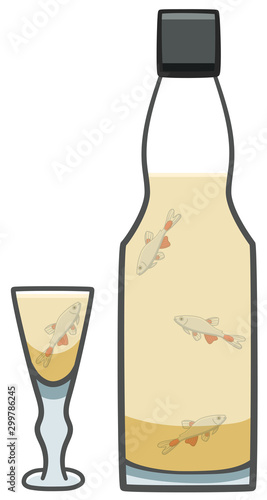Bloodfin tetra fishes inside of bottle and glass of sherry