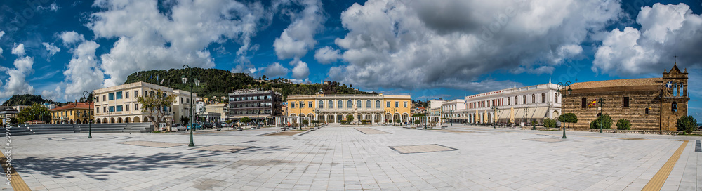 Panorama of Solomos square in the island of Zakynthos, very colorful
