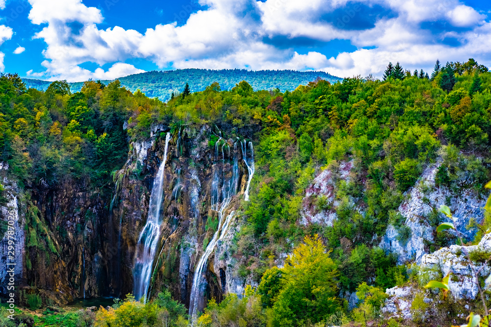 Breathtakingly view of waterfalls in National Park Plitvice Lakes in autumn, Croatia