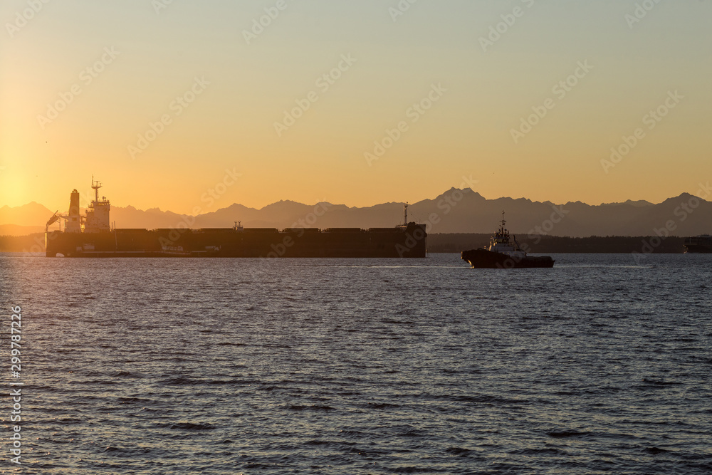 Large container ship and tug boat at rest in calm sound at sunset