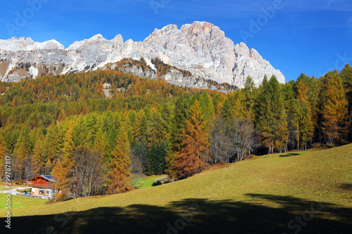 Alpine autumn landscape of Cristallo and Pomagagnon Group, Dolomites, Italy