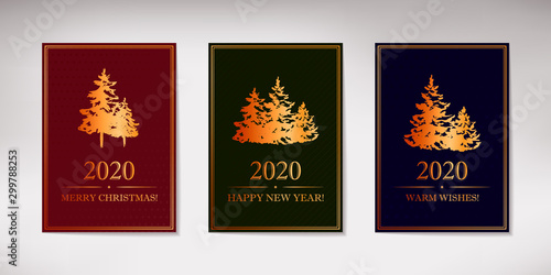 Set of elegant vertical Christmas and New Year designs with golden hand drawn Christmas tree on dark blue background. Vector illustration for banner  greeting card  cover  etc