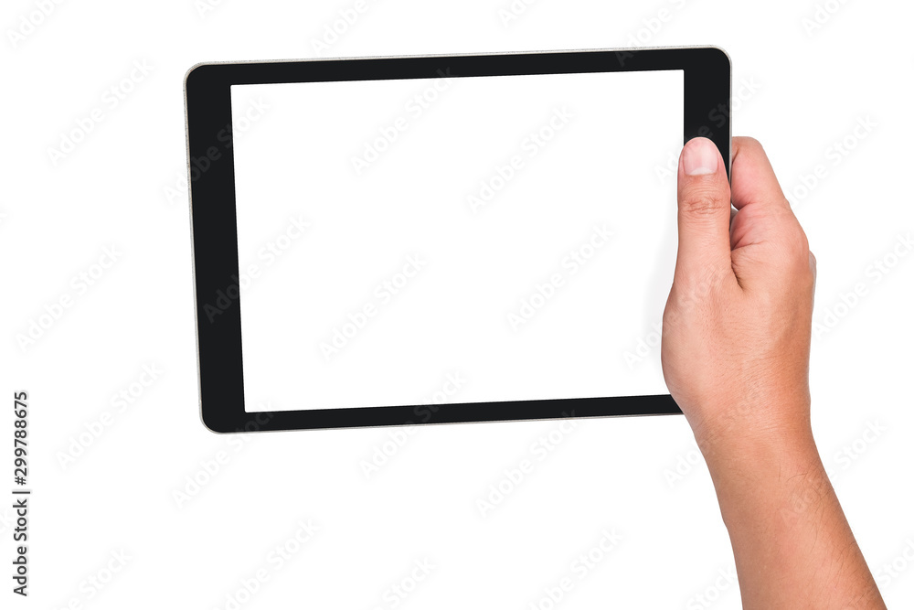 Human hand holding the touch screen tablet on isolated white background with clipping path. Human hand holding the touch screen tablet on isolated white background with clipping path.