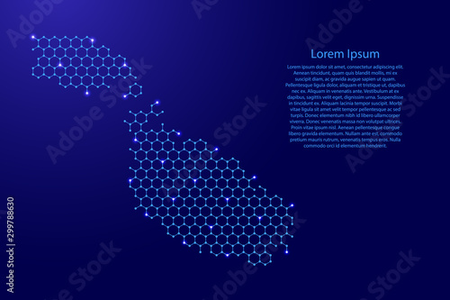 Malta map from futuristic hexagonal shapes  lines  points  blue and glowing stars in nodes  form of honeycomb or molecular structure for banner  poster  greeting card. Vector illustration.