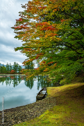 a peaceful lake at the Motsuji, Japan in autumn photo