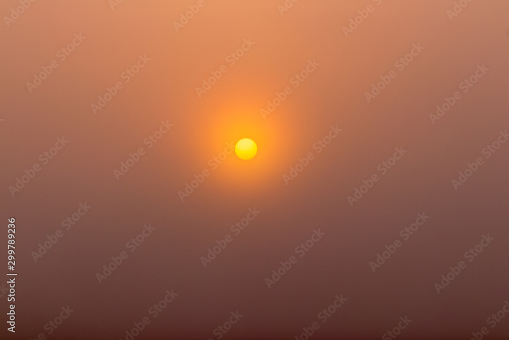 The yellow sun in the morning sky in heavy fog_