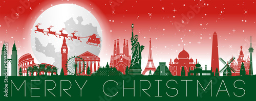 santa claus and reindeer are above world famous landmarks with christmas theme colors,vector illustration