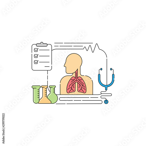 Lungs system inspection concept. Pulmonology of human vector illustration for website, logo, app icon, banner. Medical research for Fibrosis, Asthma, Tuberculosis, Pneumonia, Cancer. Lung line art Vec