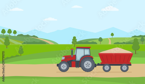 Red tractor with trailer on rural landscape background. Flat style vector illustration.