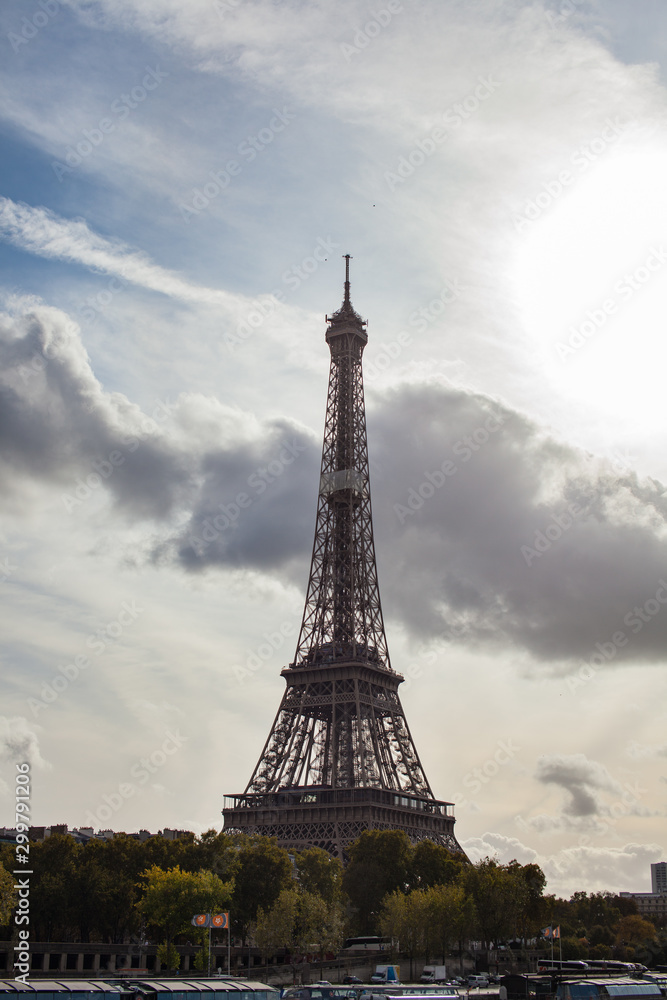 eiffel tower in Paris October 2019 sunny day cloudy sky