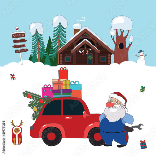 Santa Claus mechanic and red car