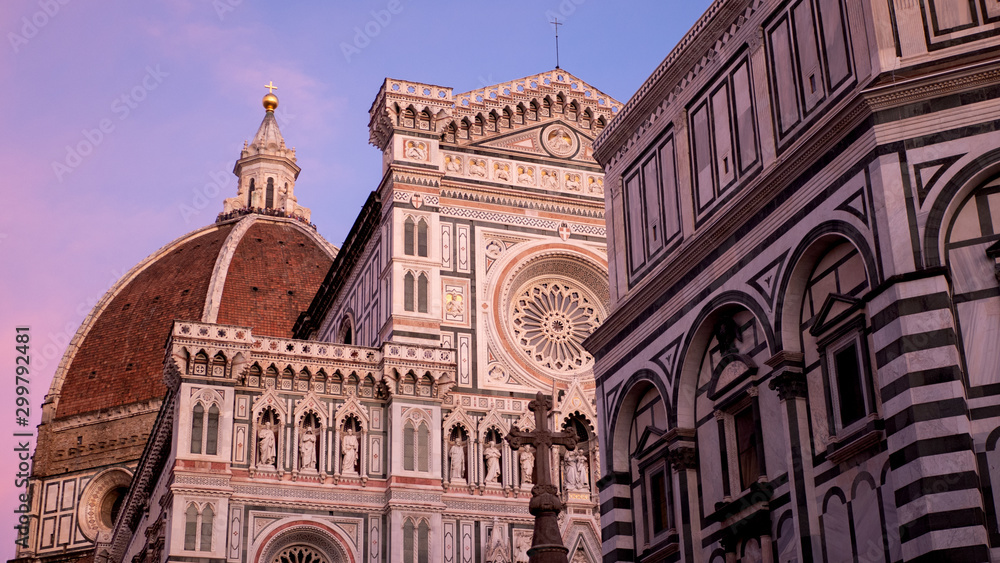 View of the Cathedral Santa Maria del Fiore at sunset in Florence, Italy