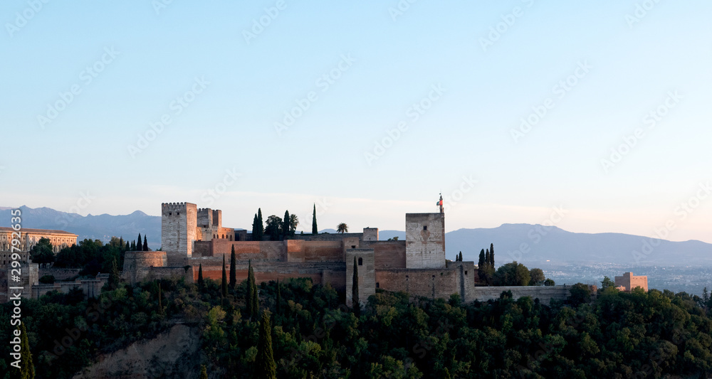 Beautiful view of the Alhambra, the ancient arabic palace and fortress of Granada, Spain.