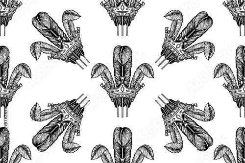 seamless pattern crown with feathers