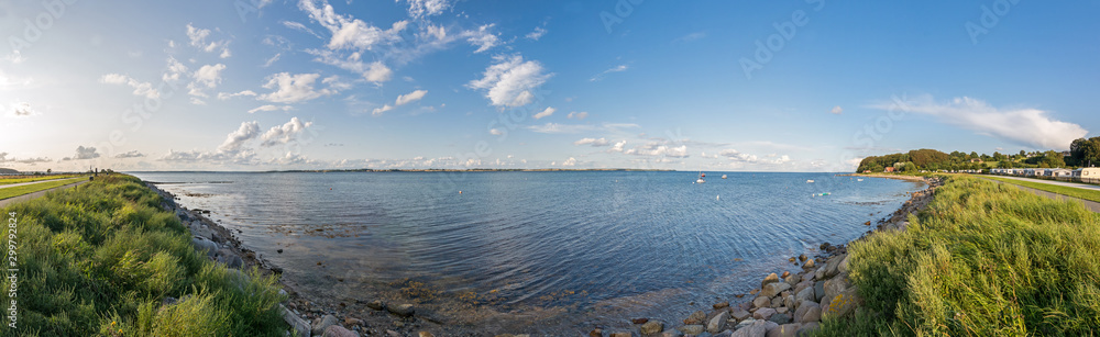 Ultra high res panorama of beautiful bay with campsite at the Baltic Sea in Northern Germany