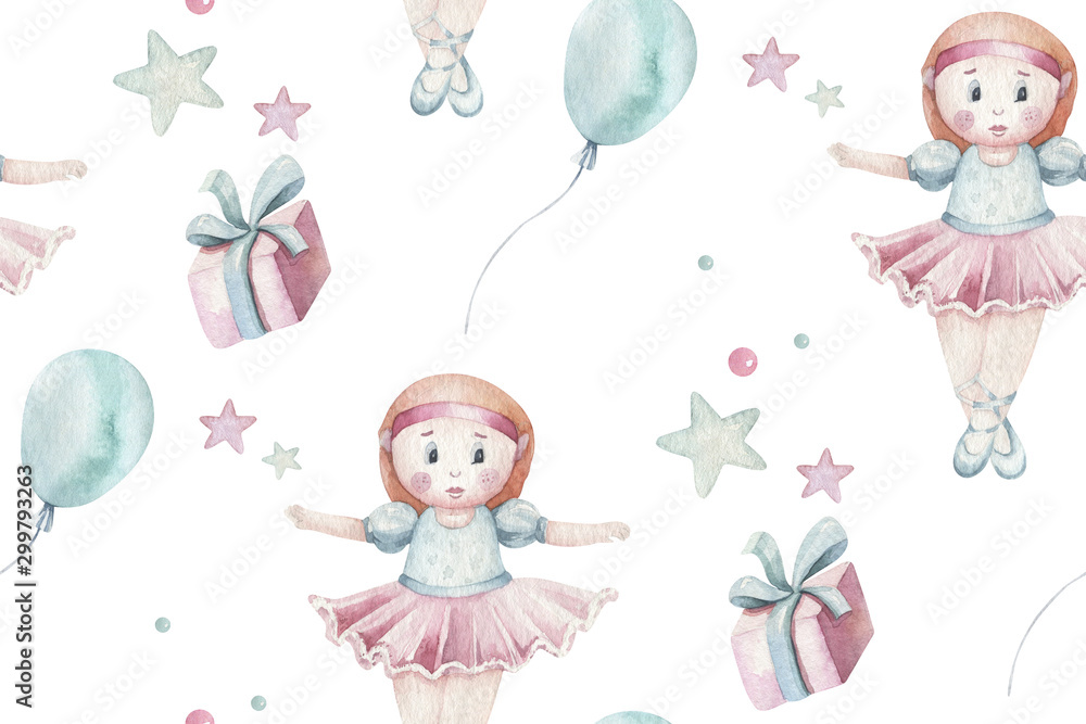 Baby shower kid swan watercolor girl seamless pattern butterfly cartoon elements. Set of baby pink dress and baby's bootees birthday illustration. Newborn rainbow party invitation Baby shower kid swan watercolor girl seamless pattern butterfly cartoon elements. Set of baby pink dress and baby's bootees birthday illustration. Newborn rainbow party invitation