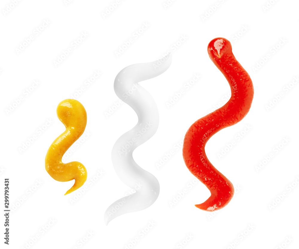 Ketchup mayonnaise and mustard isolated on white background. Top view Ketchup mayonnaise and mustard isolated on white background. Top view