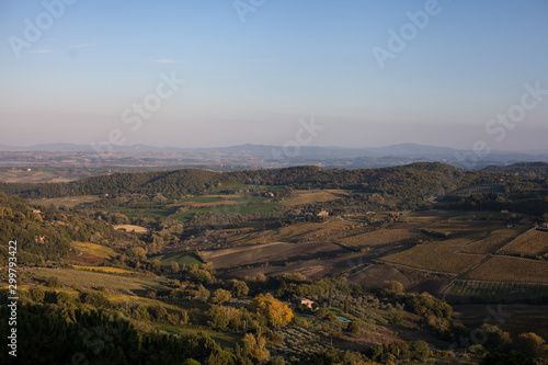 View over looking Italy valley and hills purple and blue horizon 