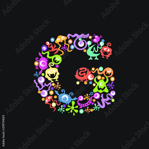 Monster font. Letter G made of yellow, pink, green, blue, orange blots, eyes and funny monsters on a black background