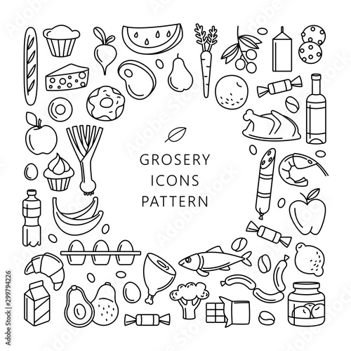 Grosery supermarket goods pattern store food, drinks, vegetables, fruits, fish, meat, dairy, sweets