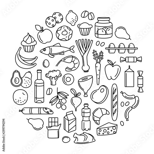 Grosery supermarket goods pattern store food, drinks, vegetables, fruits, fish, meat, dairy, sweets