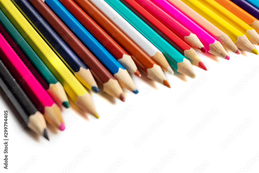 many color pencils isolated on white background. design layout. Blank space for text many color pencils isolated on white background. design layout. Blank space for text