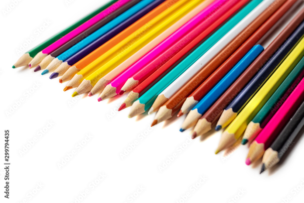 many color pencils isolated on white background. design layout. Blank space for text