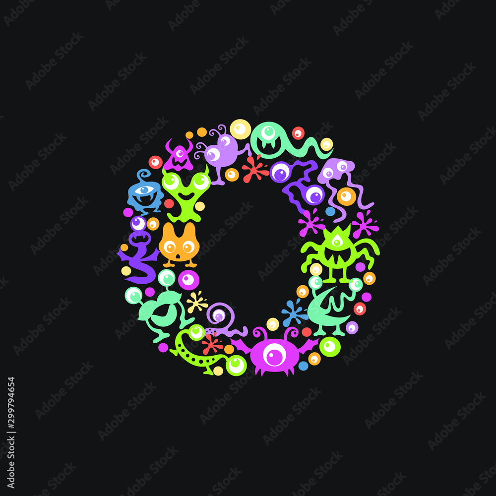 Monster font. Letter O made of yellow, pink, green, blue, orange blots, eyes and funny monsters on a black background