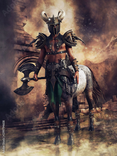 Centaur warrior wearing a battle armour and helmet and holding an axe in his hand. 3D render.  The model and other elements in the image are all 3D objects. photo