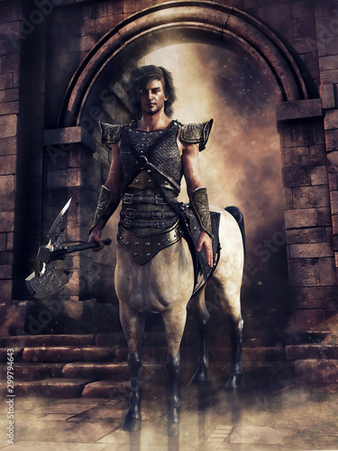 Fantasy centaur warrior standing with a battle axe in front of a castle gate. 3D render.  The model and other elements in the image are all 3D objects. photo