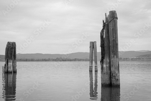 large pillars coming out of the water by a pier on lake in Italy region  © Rebecca