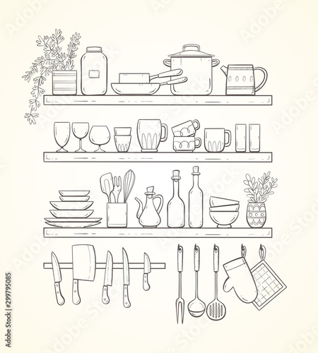 Hand-drawn kitchen shelves