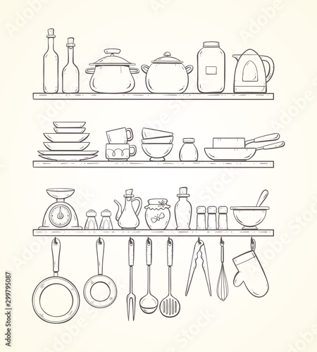 Cute hand-drawn kitchen shelves with pots, bottles, dishes, pans, condiments and other kitchenwares. Pans and kitchen supplies hanging on hooks.