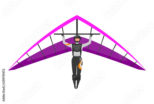 Hang gliding flat vector illustration. Skydiving, paragliding experience. Extreme sports. Active lifestyle. Outdoor activities. Sportsman isolated cartoon character on white background