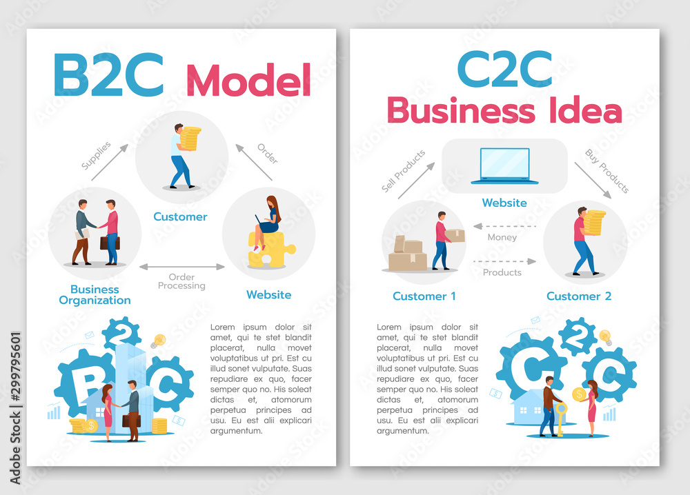B2C model brochure template. C2C business idea. Online retail. Flyer, booklet, leaflet concept with flat illustrations. Vector page cartoon layout for magazine. advertising invitation with text space B2C model brochure template. C2C business idea. Online retail. Flyer, booklet, leaflet concept with flat illustrations. Vector page cartoon layout for magazine. advertising invitation with text space