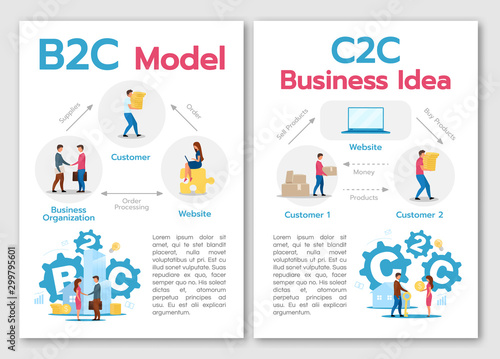 B2C model brochure template. C2C business idea. Online retail. Flyer, booklet, leaflet concept with flat illustrations. Vector page cartoon layout for magazine. advertising invitation with text space