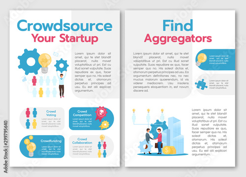 Crowdsource your startup brochure template. Find aggregators. Flyer, booklet, leaflet concept with flat illustrations. Vector page cartoon layout for magazine. advertising invitation with text space photo