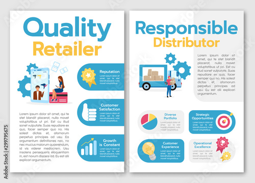 Quality retailer brochure template. Responsible distributor. Flyer, booklet, leaflet concept with flat illustrations. Vector page cartoon layout for magazine. advertising invitation with text space