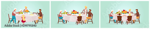 Thanksgiving day flat vector illustration set. Fall holiday celebration. Eating festive meal together. Celebrating harvest with grandparents. Happy family dinner with turkey cartoon characters