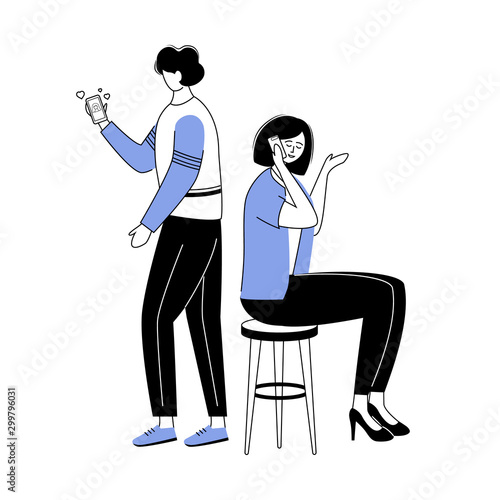 Trouble relationship blue and black contour flat vector illustration. Chatting with lover. Woman flirting on phone. Marriage problems. Couple cheating isolated cartoon characters on white background