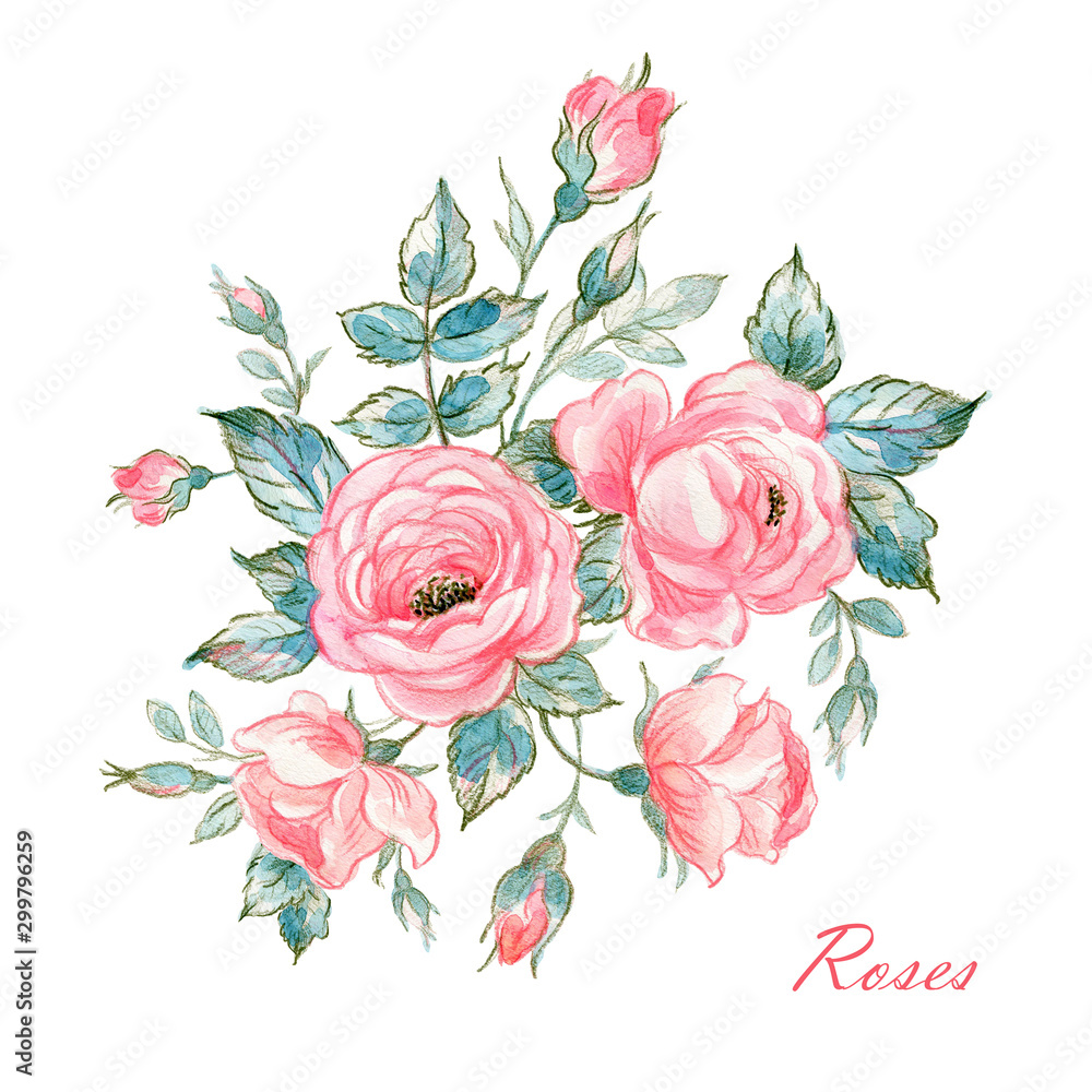 Illustration of a sketch of a rose with colored pencils