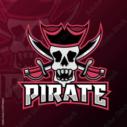 Pirate rebel mascot gaming logo king ocean black hat and sword