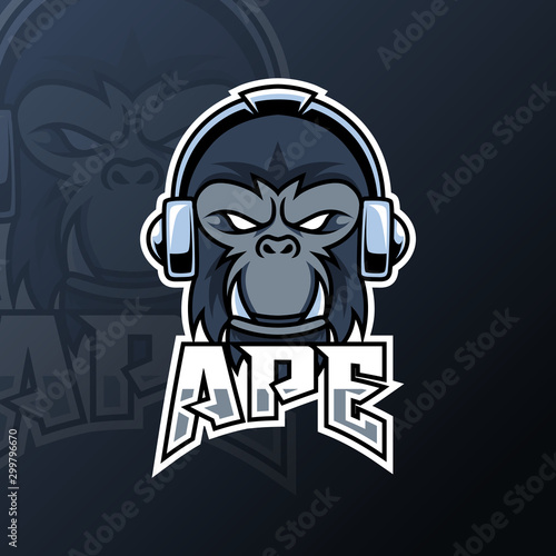 Angry ape gorilla mascot gaming logo design black color headphone