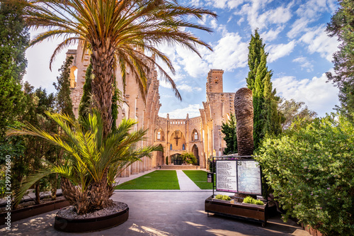 Esgesia Nova Spanish church without roof, entrnce of palm trees leading into garden, sunny day with blue sky and white clouds, Son Servera, Mallorca, Spain photo