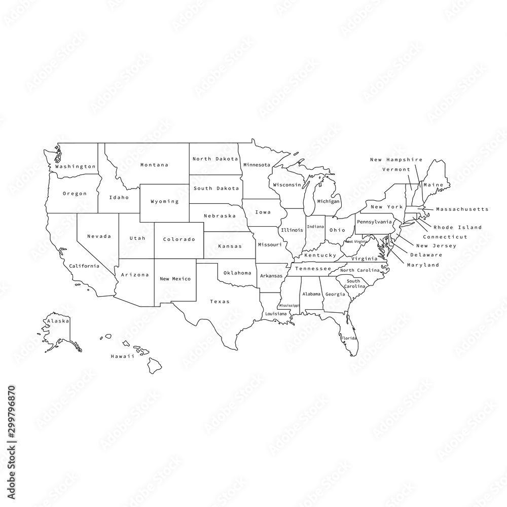 Vector illustration of black outline United States of America map with states. 