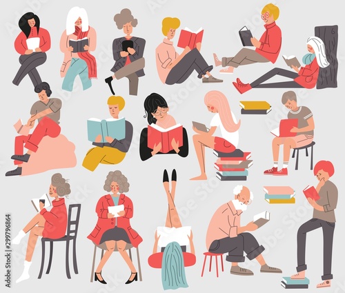 Group of people reading books. Men and women, young and old, sitting, standning and laying down and reading a book. Isolated, flat vector illustration