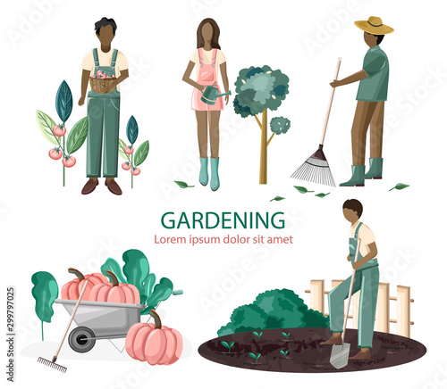 Set of people gardening. Harvesting tomatoes, watering trees, raking, seeding...