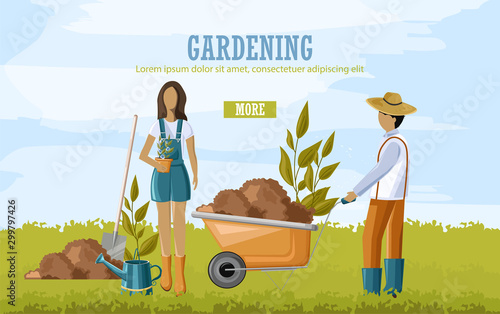 Couple doing gardening work. Carrying wheelbarrow with soil and planting flow...